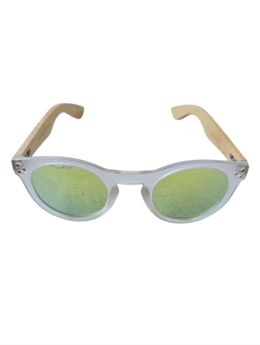 Ridardo Campello -Round Sunglasses with Yellow Mirrored Lenses and Wood Arms